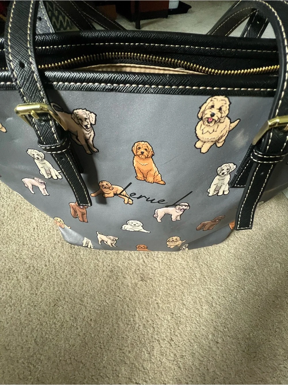 Leruel Gray Dog Print Leather-Trim Shoulder Bag, in excellent condition.